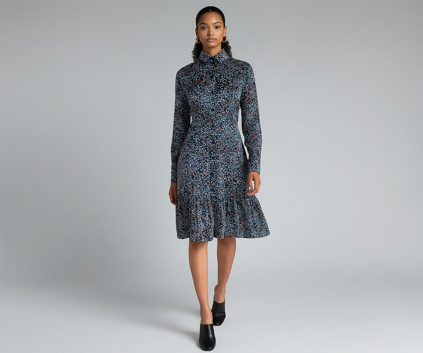 animal print dress, ruffle hem dress, button front dress, A-line midi dress, statement print dress, feminine midi dress, elegant animal print dress, women’s occasion dress, modern feminine dress