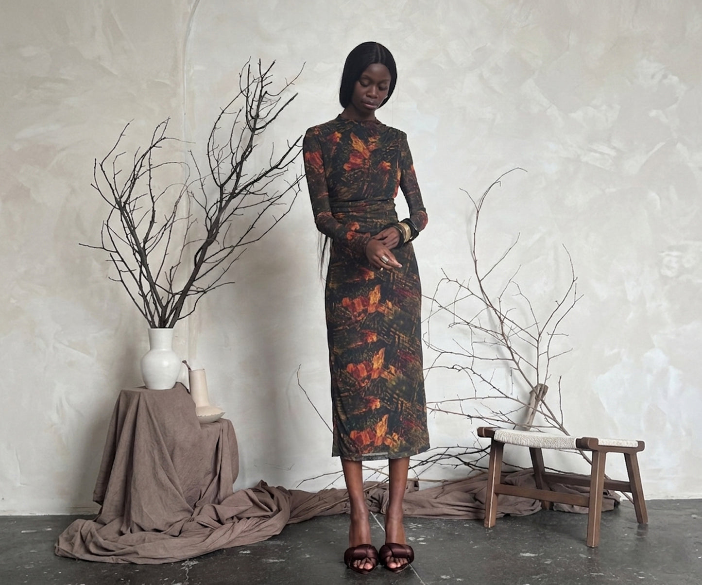 Printed Mesh Ruched Dress - Forest Water