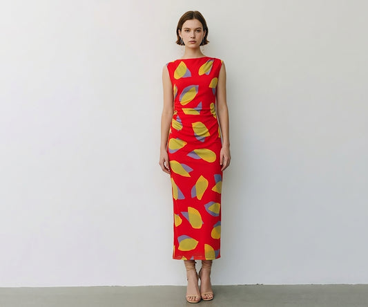 Bold Leaf Double Ruched Mesh Dress