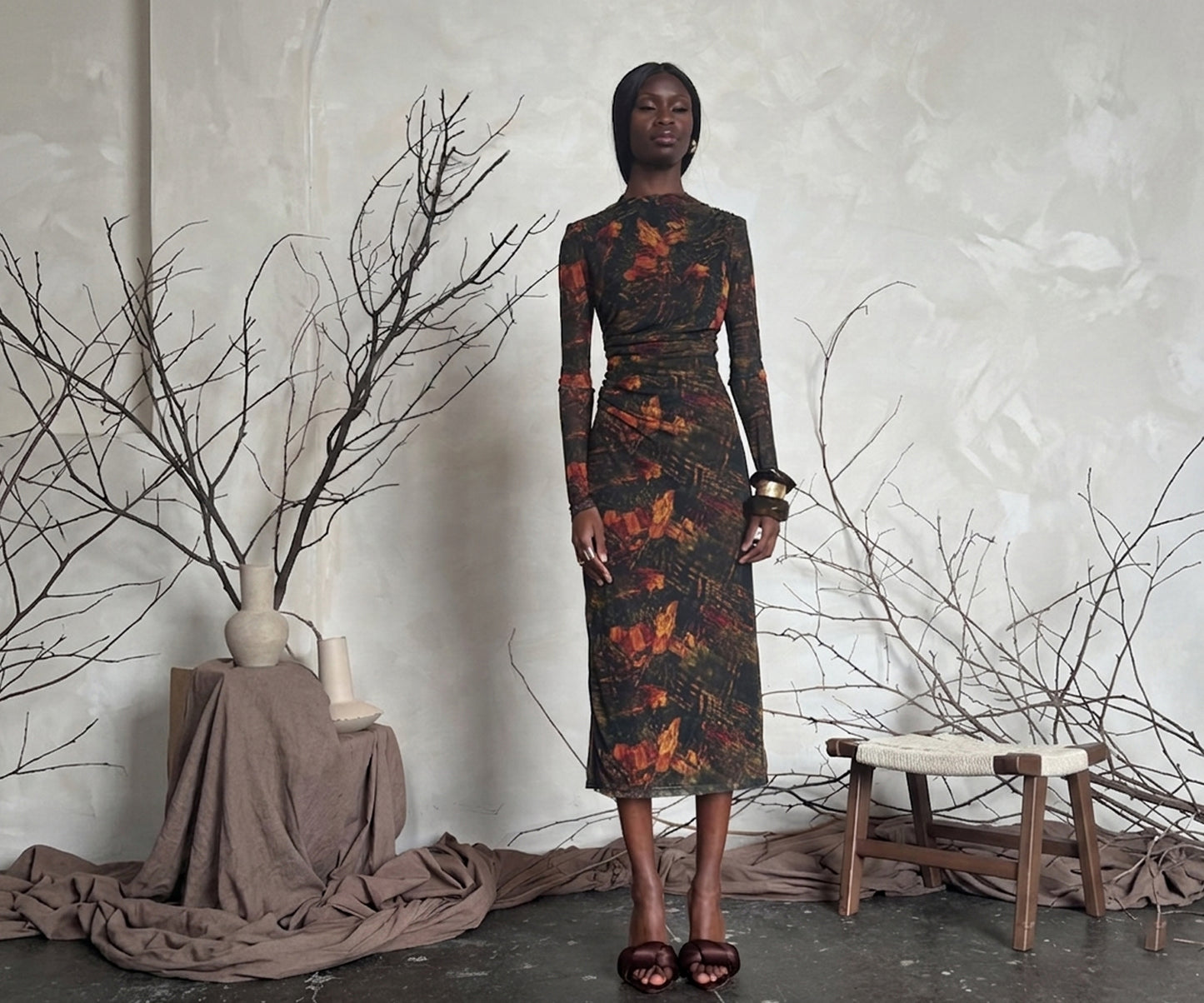 Printed Mesh Ruched Dress - Forest Water