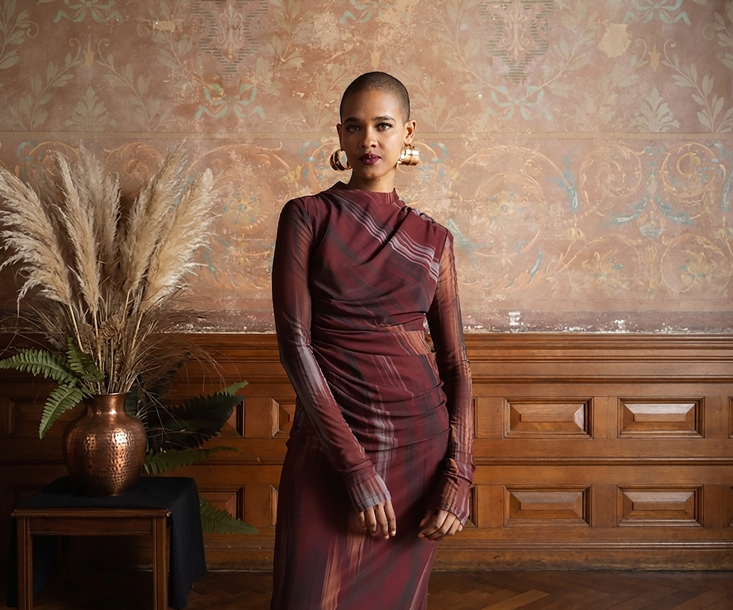 Printed Mesh Ruched Dress