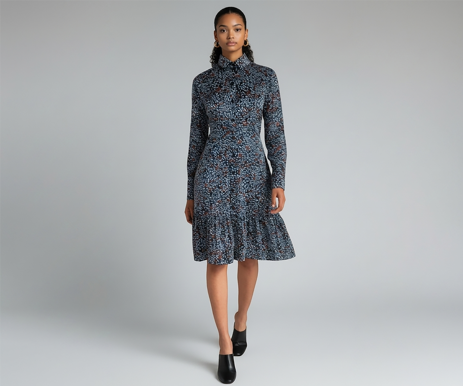 animal print dress, ruffle hem dress, button front dress, A-line midi dress, statement print dress, feminine midi dress, elegant animal print dress, women’s occasion dress, modern feminine dress