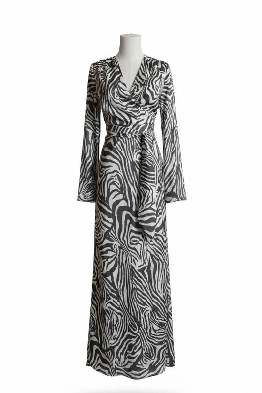 zebra print dress, bias cut dress, long sleeve midi dress, animal print dress, statement dress women, bias cut maxi dress, elegant printed dress, long sleeve occasion dress, modern feminine dress, flattering bias dress, designer print dress, women’s evening dress, sophisticated animal print dress.