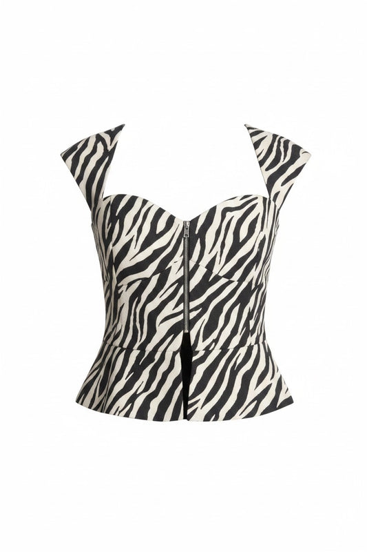 zebra print top, sweetheart neckline top, zip front blouse, animal print top, statement top women, fitted printed top, sleeveless blouse, modern women's top, zebra print blouse, designer fashion top, elevated going out top, tailored statement blouse, contemporary women's clothing, bold print top.