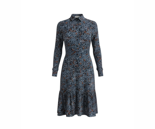 animal print dress, ruffle hem dress, button front dress, A-line midi dress, statement print dress, feminine midi dress, elegant animal print dress, women’s occasion dress, modern feminine dress