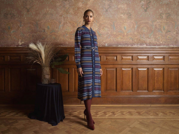 blue and brown striped dress No.15 Linen Day Dress in Blundell Stripe main image 0