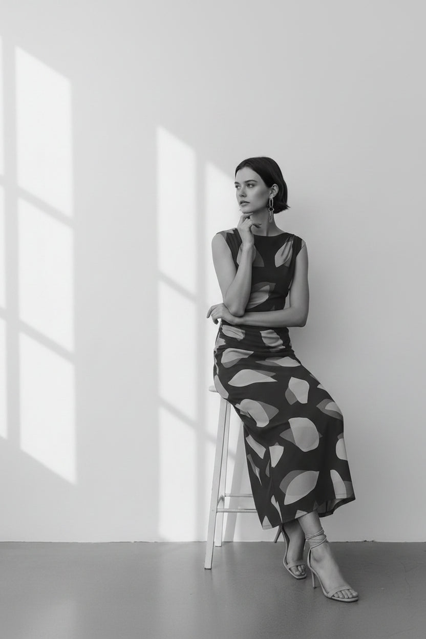 Bold Leaf Double Ruched Mesh Dress