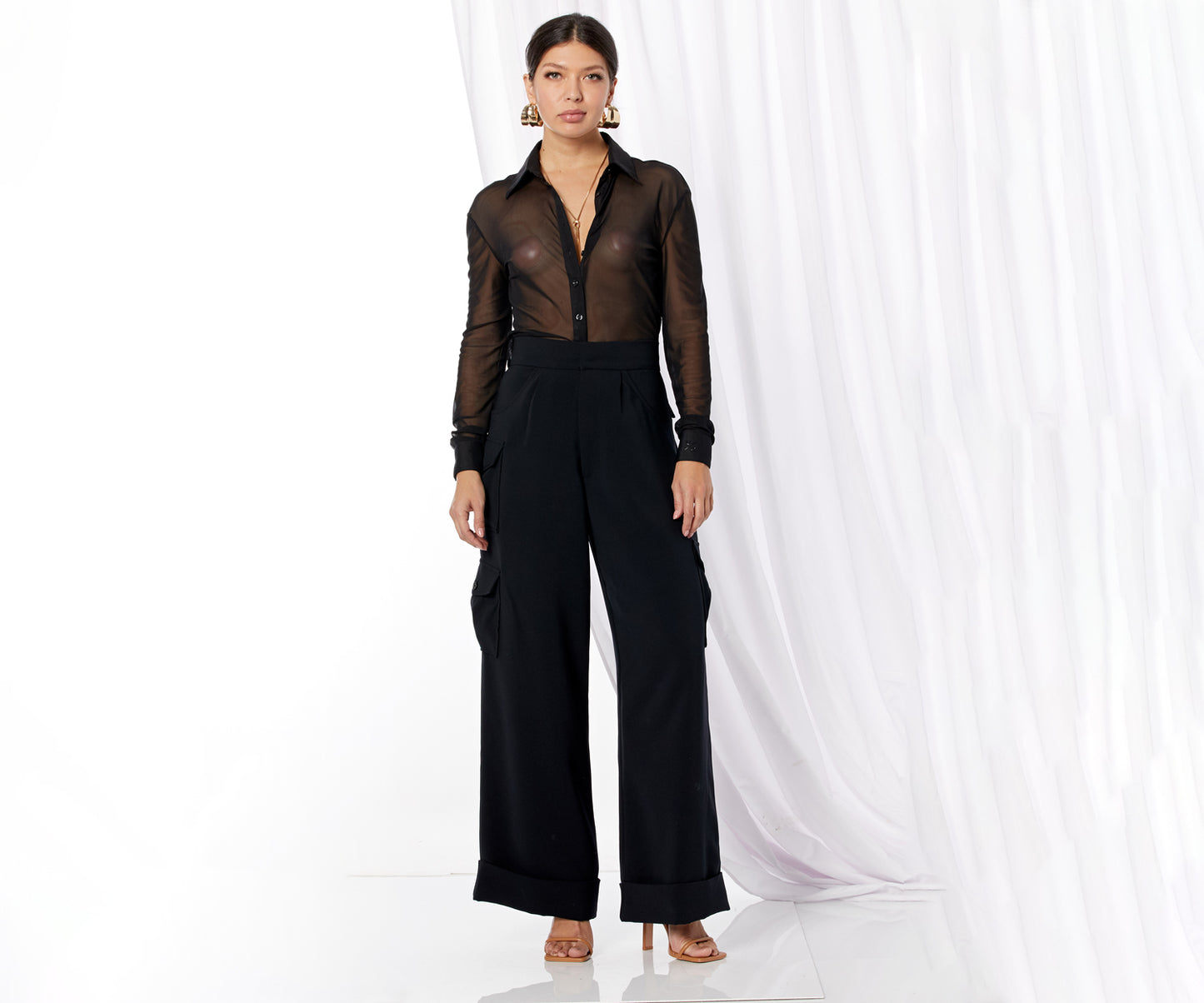 Mesh Button Dress Shirt - Black