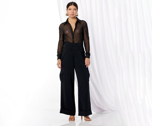Mesh Button Dress Shirt - Black