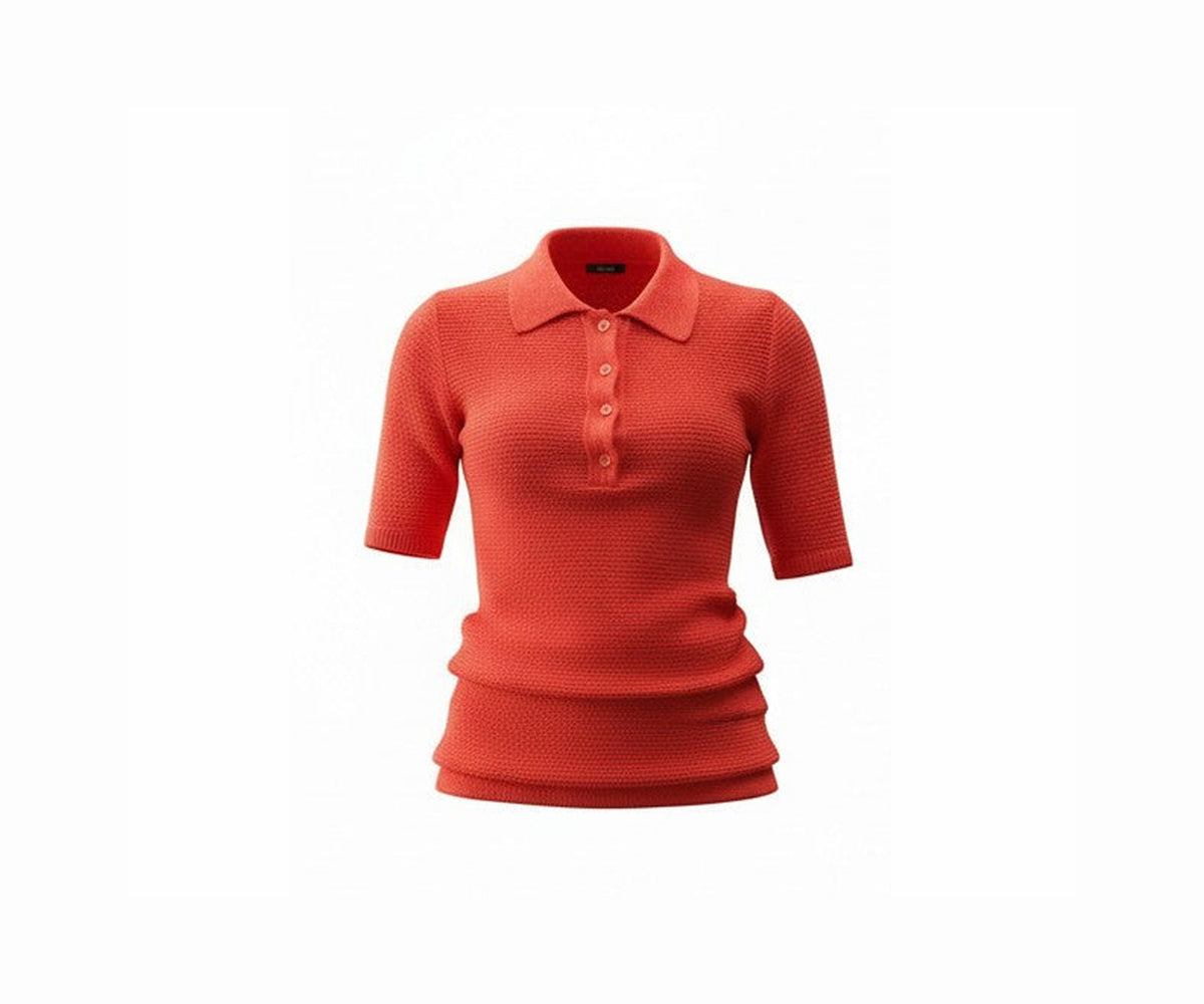 Undra Celeste New York Beach Knit Polo Shirt in Tangerine, featuring a textured lightweight knit, classic polo collar, four-button placket, short fitted sleeves, and a relaxed silhouette. A sophisticated knit polo shirt for elevated contemporary women's fashion and effortless smart-casual dressing.