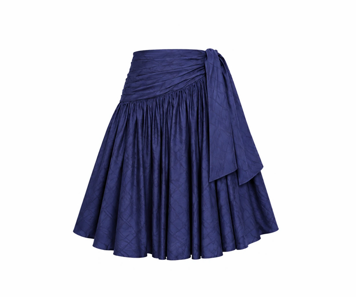 Undra Celeste New York Emma Ruched Waist Full Skirt in Navy, crafted from a luxurious Tencel and nylon blend, featuring a hand-ruched waistband, dramatic full silhouette, elegant side waist tie, and flowing gathered skirt. Sophisticated contemporary women's workwear.