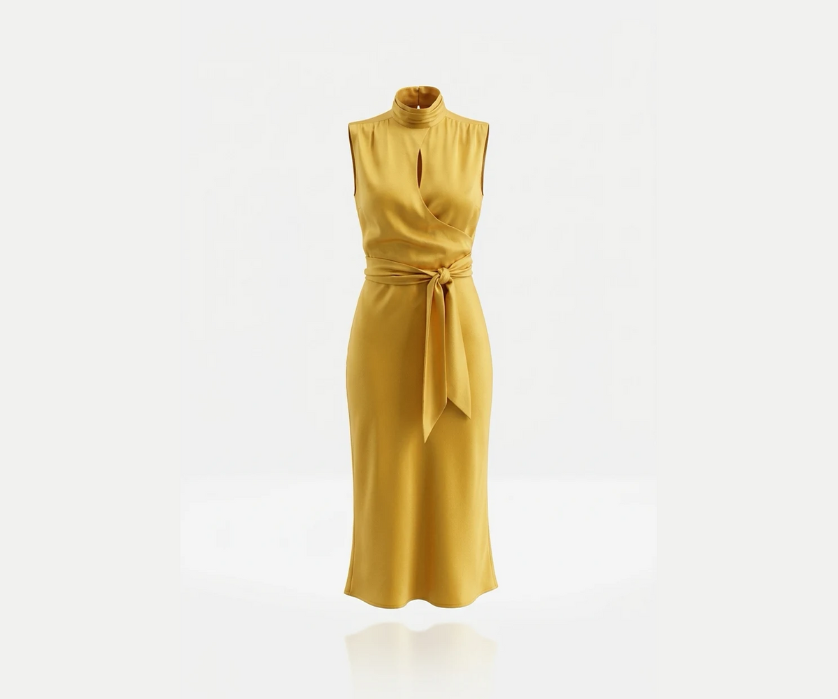 Undra Celeste New York Sleeveless Joi Dress in Taxi Yellow, featuring luxurious hammered satin, a high neckline, sleeveless wrap-style bodice, defined waist with adjustable tie sash, and flowing bias-cut skirt. Sophisticated contemporary women's workwear.