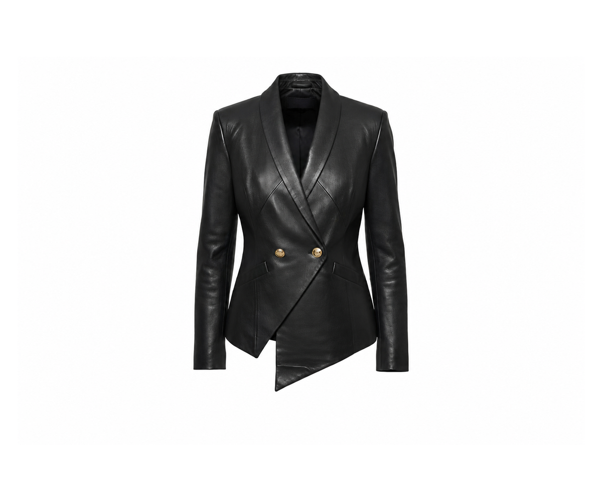 Undra Celeste New York The Empire Lambskin Blazer in Black, featuring luxurious lambskin leather, structured padded shoulders, elegant shawl lapels, double-breasted gold button closure, tailored waist, side pockets, and a dramatic asymmetrical hemline. A sophisticated statement blazer for elevated contemporary women's workwear.
