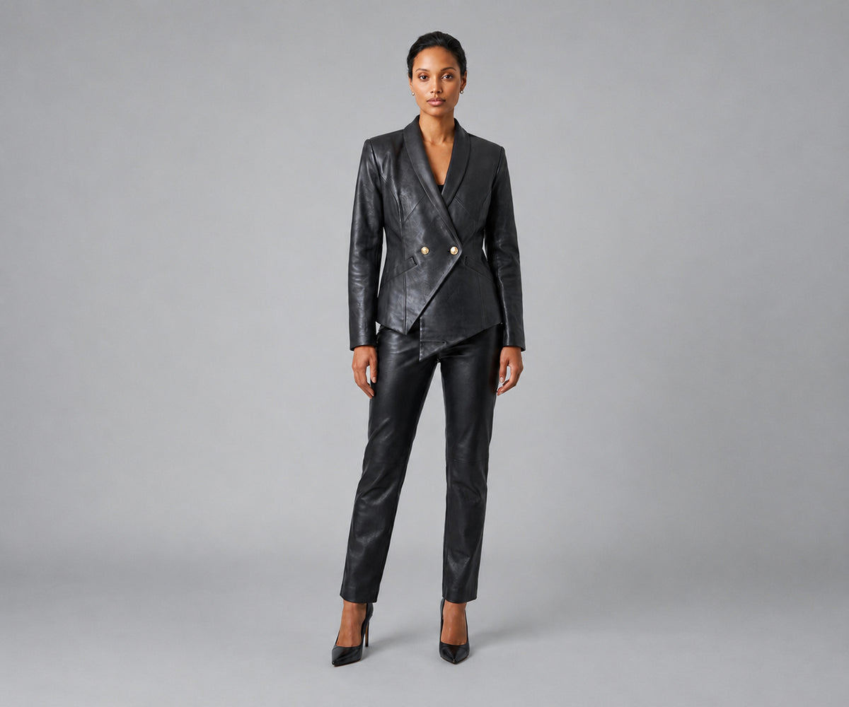 Undra Celeste New York The Empire Lambskin Blazer in Black, featuring luxurious lambskin leather, structured padded shoulders, elegant shawl lapels, double-breasted gold button closure, tailored waist, side pockets, and a dramatic asymmetrical hemline. A sophisticated statement blazer for elevated contemporary women's workwear.