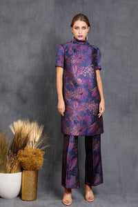 purple brocade dress  on model