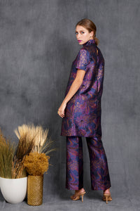 purple brocade dress  on model back